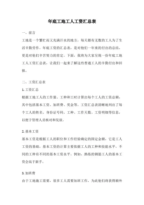 年底工地工人工资汇总表