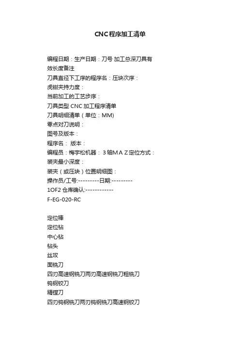 CNC程序加工清单