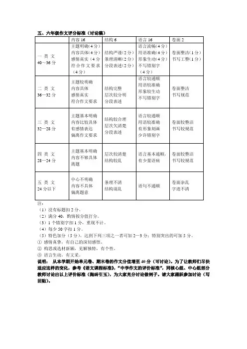 小学语文五年级五、六年级作文评分标准