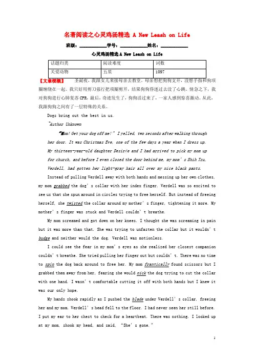 2023届高三英语二轮复习学案 名著阅读之心灵鸡汤精选 A New Leash on Life