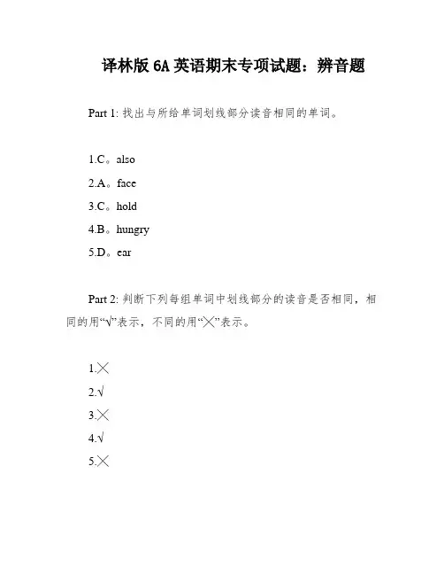 译林版6A英语期末专项试题：辨音题