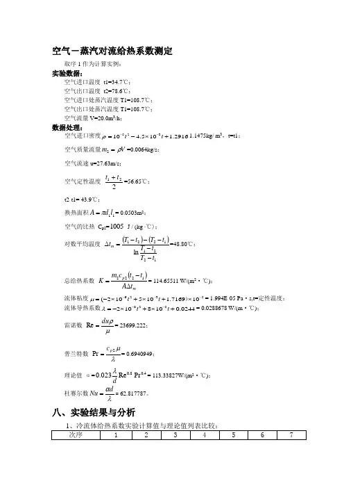 空气-蒸汽给热系数测定实验_实验报告
