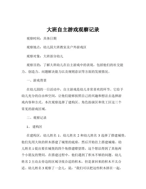 大班自主游戏观察记录