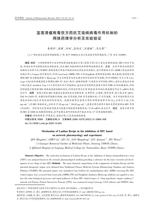 蓝莲清瘟败毒饮方药抗艾滋病病毒作用机制的网络药理学分析及实验验证