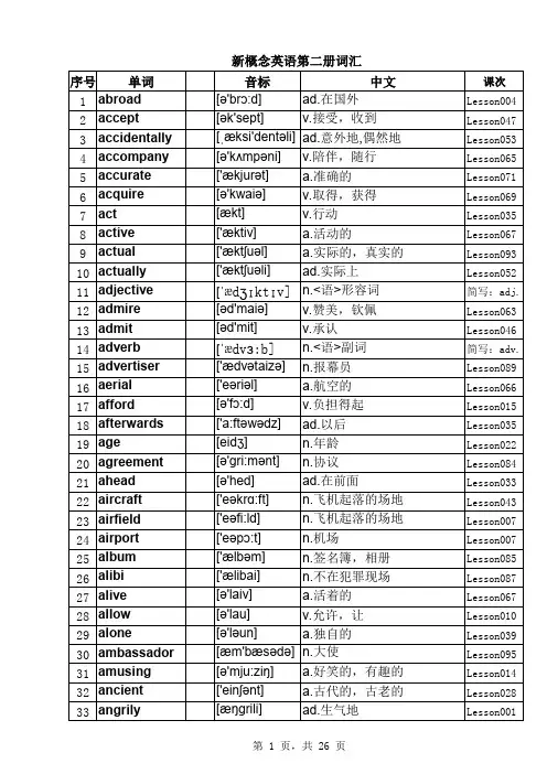 新概念英语第二册单词表(按字母顺序)直接打印版