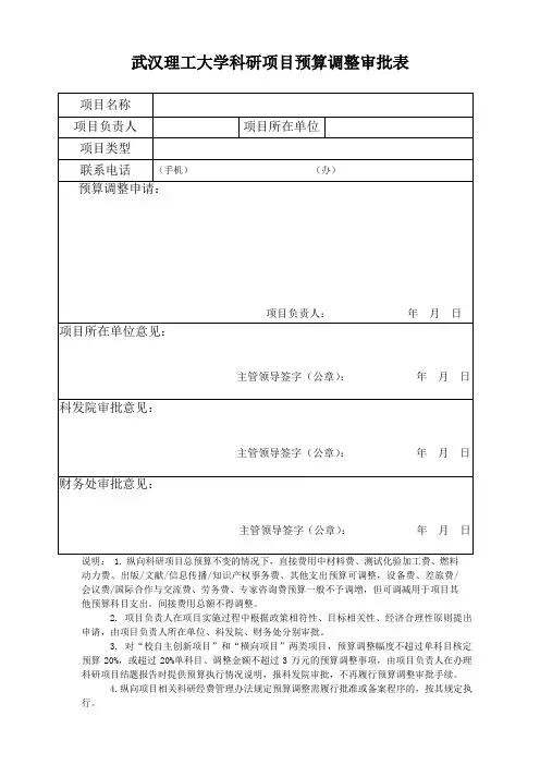 大学科研项目预算调整审批表