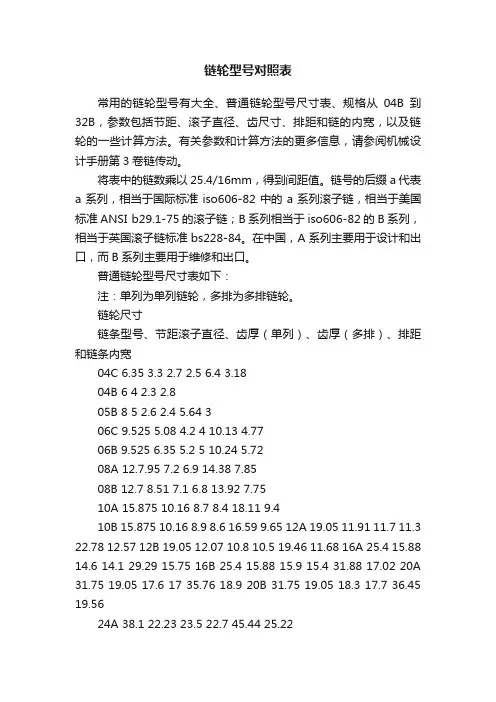 链轮型号对照表