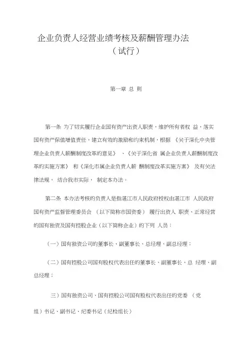 企业负责人经营业绩考核及薪酬管理办法(试行)