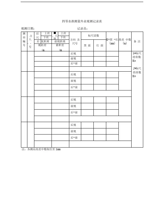 四等水准测量外业观测记录表和内业计算表完整版