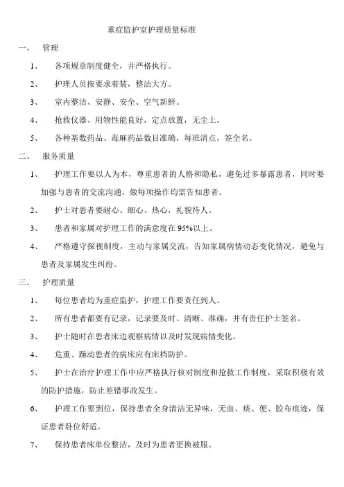 重症监护室护理质量标准