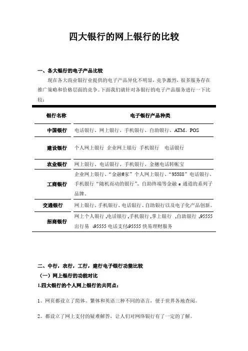 四大银行的网上银行的比较
