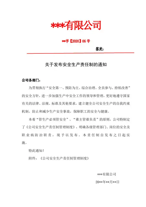 关于发布安全生产责任制的通知
