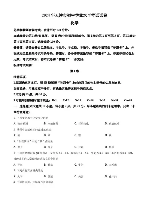 2024年天津市中考化学真题(真题)