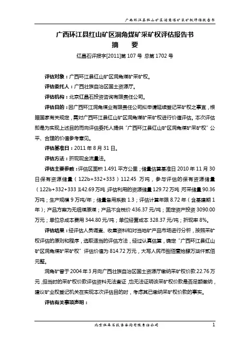 广西环江县红山矿区洞角煤矿采矿权评估报告书