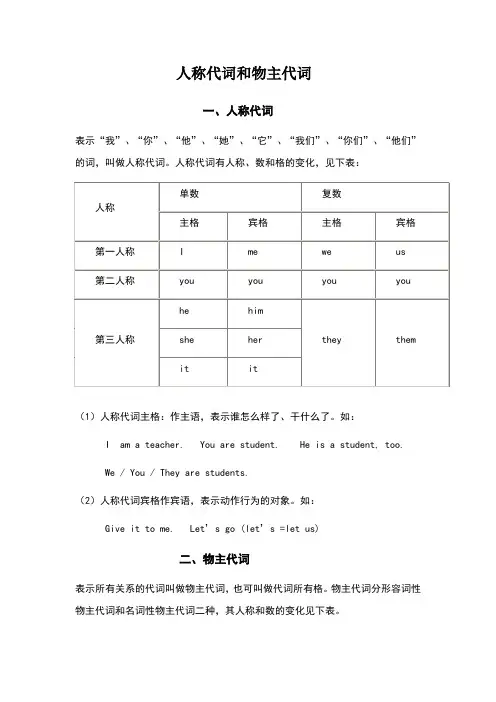 初一英语人称代词和物主代词的表格及练习题