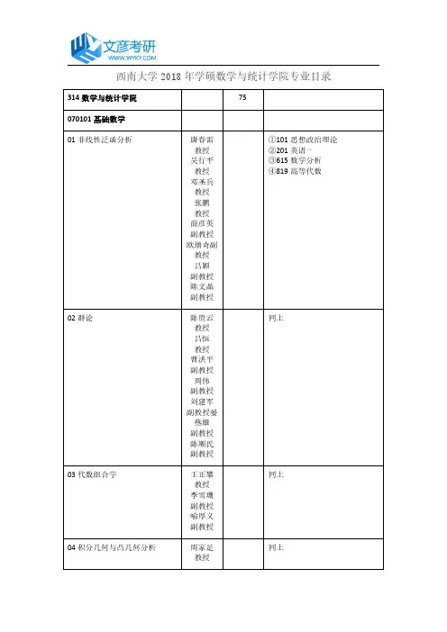 西南大学2018年学硕数学与统计学院专业目录_西南大学考研网