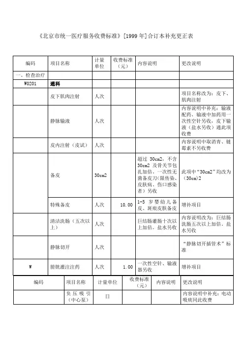 北京市统一医疗服务收费标准