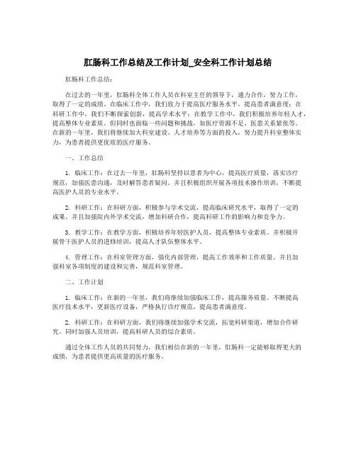 肛肠科工作总结及工作计划_安全科工作计划总结