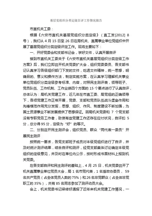 基层党组织分类定级自评工作情况报告_工作汇报_
