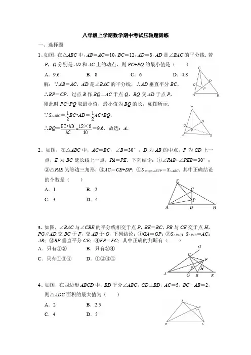 八年级上学期数学期中考试压轴题训练