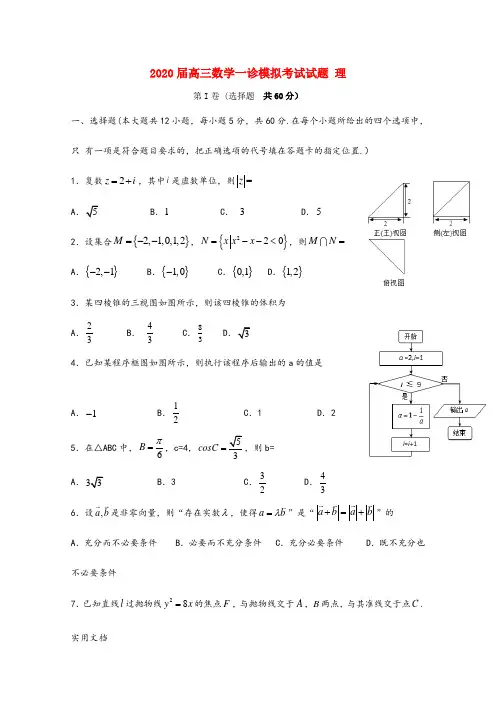 2020届高三数学一诊模拟考试试题 理 第I卷 (选择题  共60分)