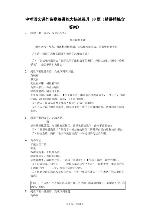 中考语文课外诗歌鉴赏 能力快速提升30题(精讲精练含答案)(1)