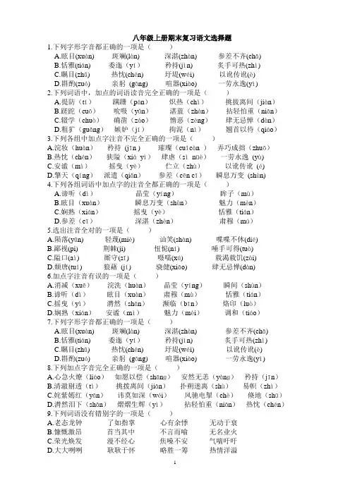 人教版语文 八年级上册期末复习语文选择题集  含答案