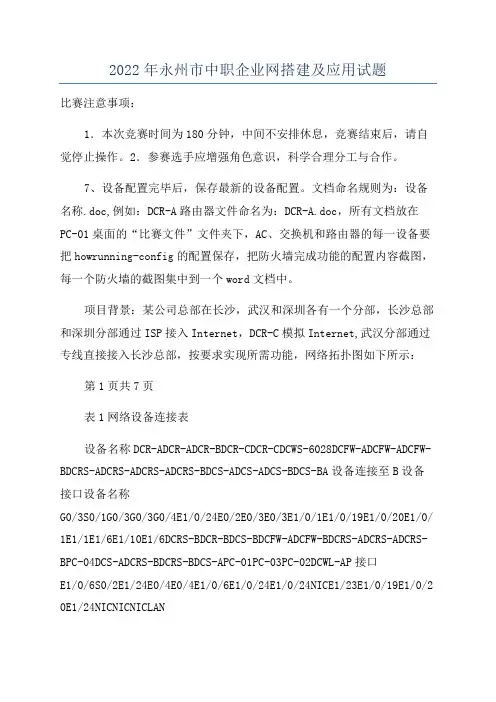 2022年永州市中职企业网搭建及应用试题