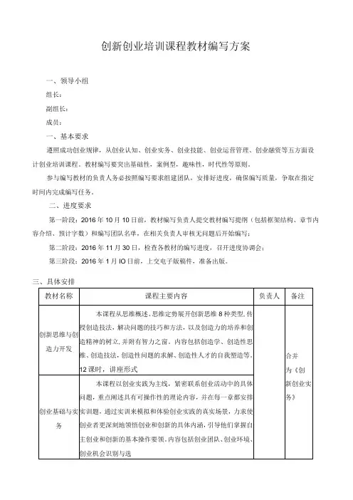 创新创业培训课程教材编写方案