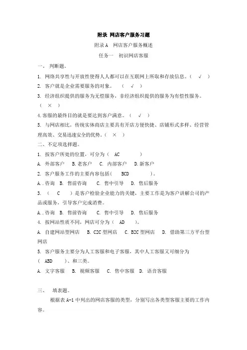 网店客户服务习题及参考答案