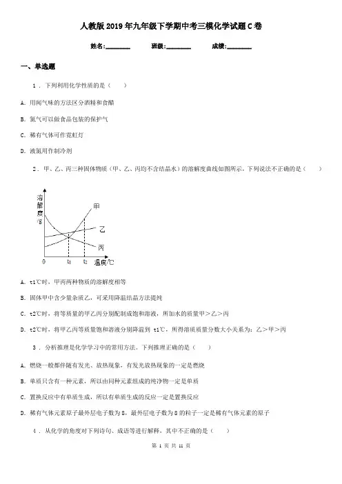 人教版2019年九年级下学期中考三模化学试题C卷精编