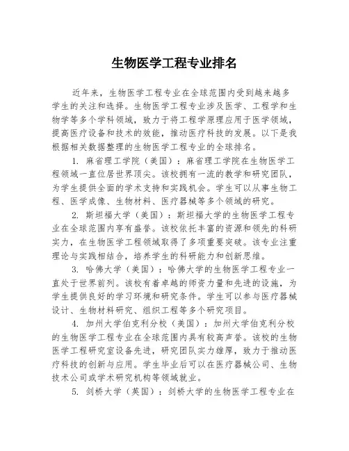 生物医学工程专业排名