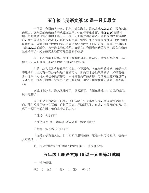 五年级上册语文第10课一只贝练习试题及答案(附原文)