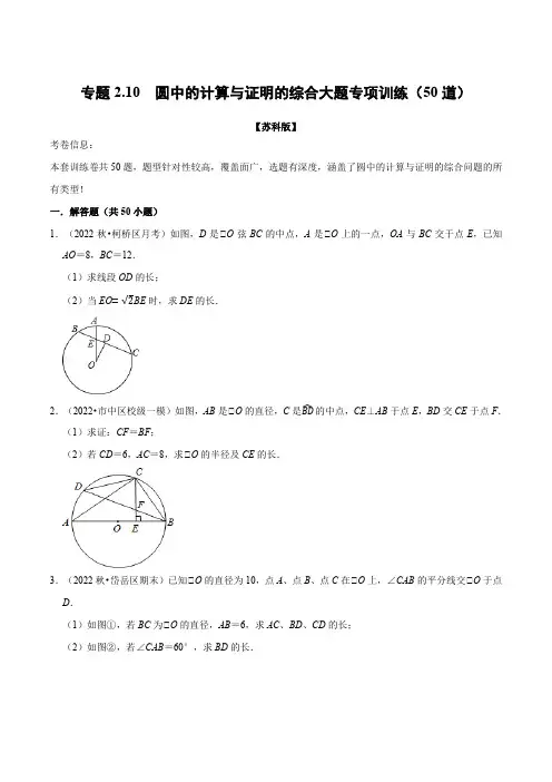 专题2.10圆中的计算与证明的综合大题专项训练(50道)(举一反三)(苏科版)(原卷版)