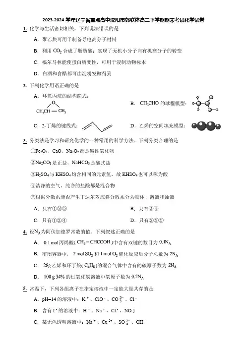 2023-2024学年辽宁省重点高中沈阳市郊联体高二下学期期末考试化学试卷