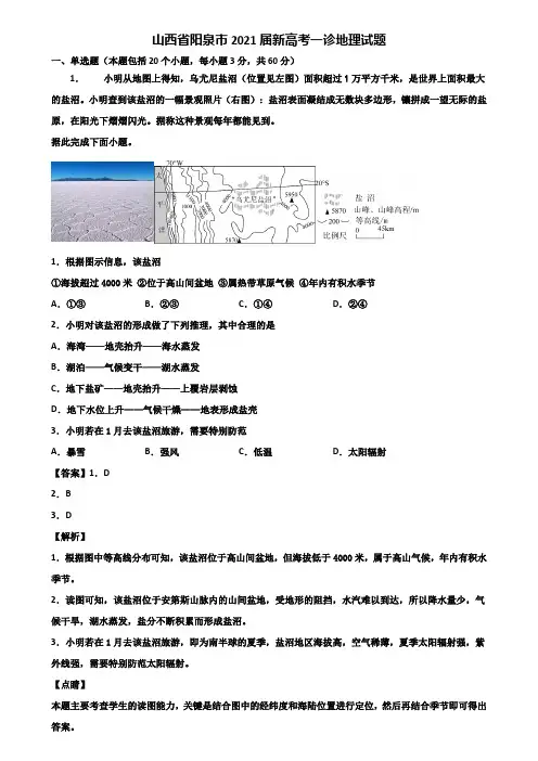 山西省阳泉市2021届新高考一诊地理试题含解析