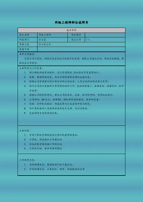 网络工程师职位说明书