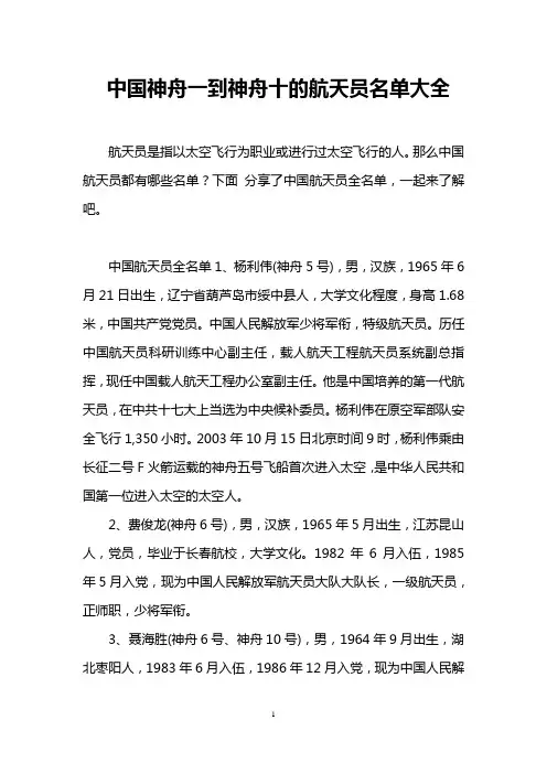 中国神舟一到神舟十的航天员名单大全