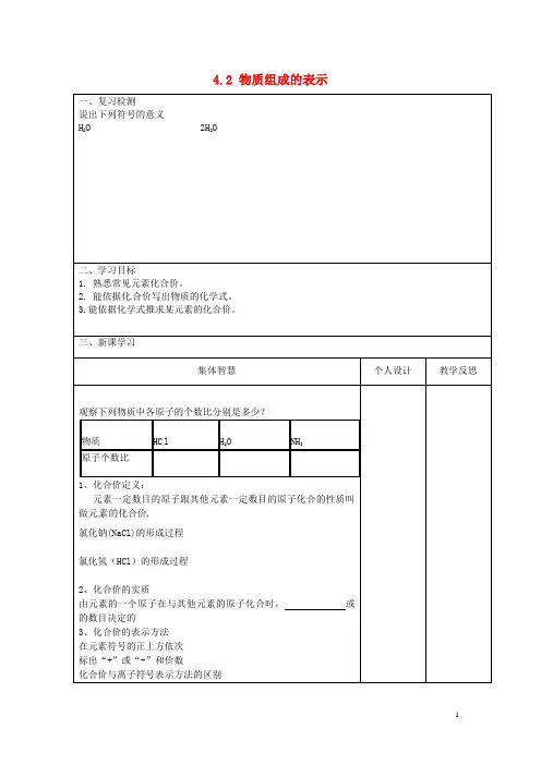 江苏省宿迁市宿豫县关庙镇中心学校九年级化学上册 4.2 物质组成的表示学案(二)(无答案)(新版)鲁教版