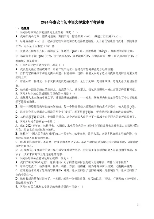 2024年泰安市初中语文学业水平考试卷附答案解析