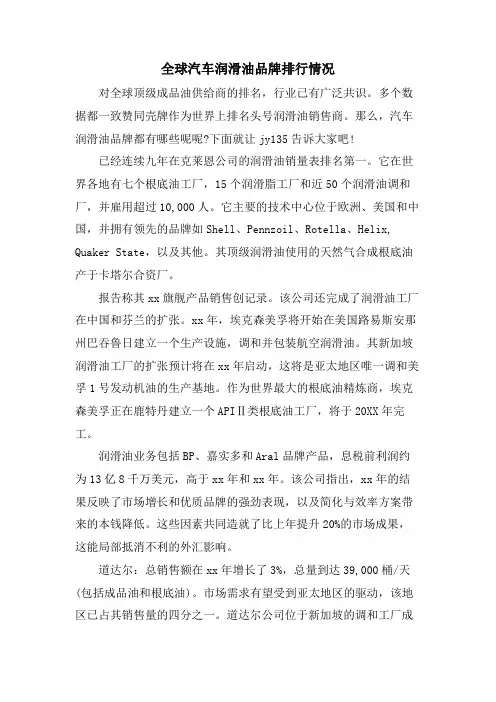 全球汽车润滑油品牌排行情况.doc