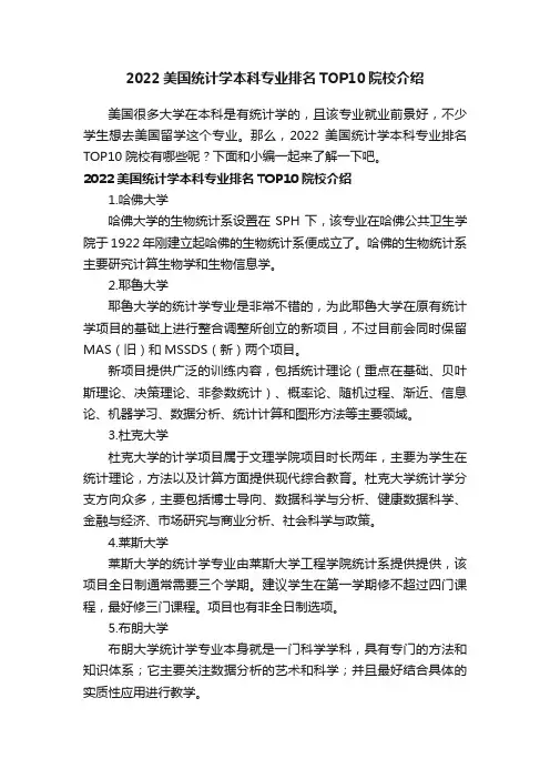 2022美国统计学本科专业排名TOP10院校介绍