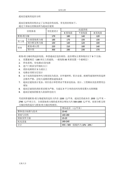 超高层建筑地造价(含国内著名超高层建筑成本大数据)