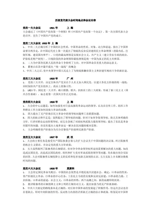 历届党代表大会时间地点和会议内容