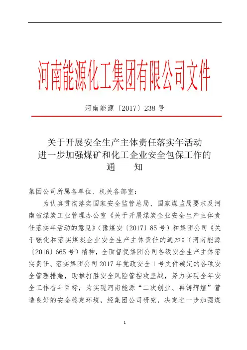 河南能源〔2017〕238号-关于开展安全生产主体责任落实年活动进一步加强煤矿和化工企业安全包保工作的通知