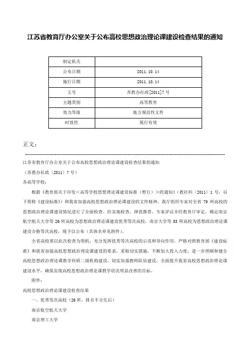 江苏省教育厅办公室关于公布高校思想政治理论课建设检查结果的通知-苏教办社政[2011]7号