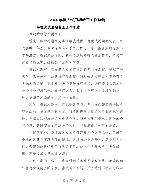 2024年恒大试用期转正工作总结