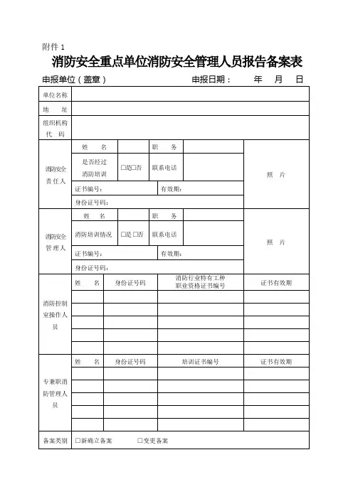 消防大队消防安全重点单位备案表