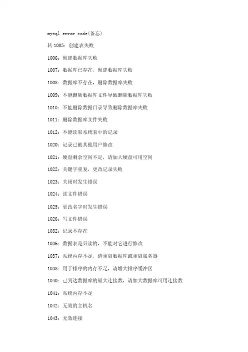 MYSQLERRORCODE错误编号的意义