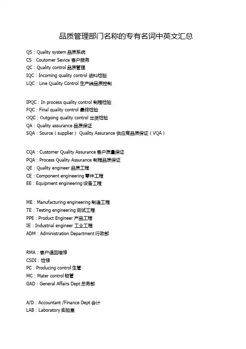 品质管理部门名称的专有名词中英文汇总(质量管控缩写词汇)